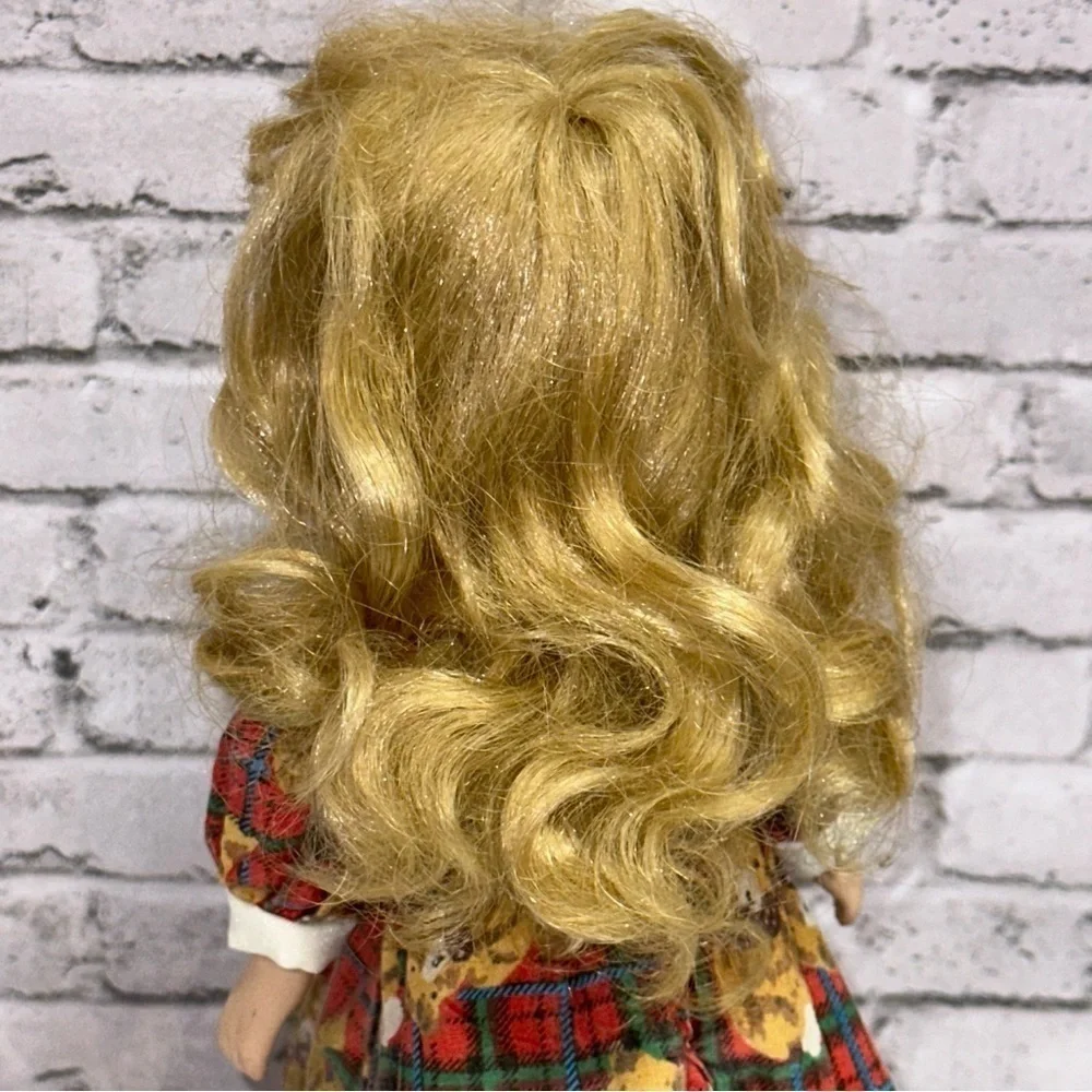 Christmas Tree Topper Porcelain Doll 12 in Blonde Hair Plaid Teddy Bear Dress